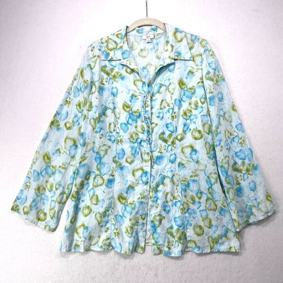 J Jill Shirt Women Small White Blue Green 100% Linen Abstract Watercolor Pattern - Picture 1 of 12